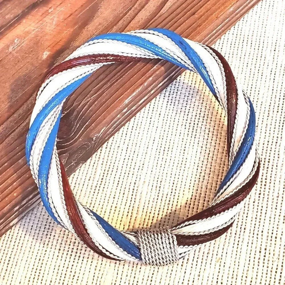 Philippines Tricolor Twisted Rattan Silver White Burgundy Blue Bangle Bracelet - Picture 1 of 7